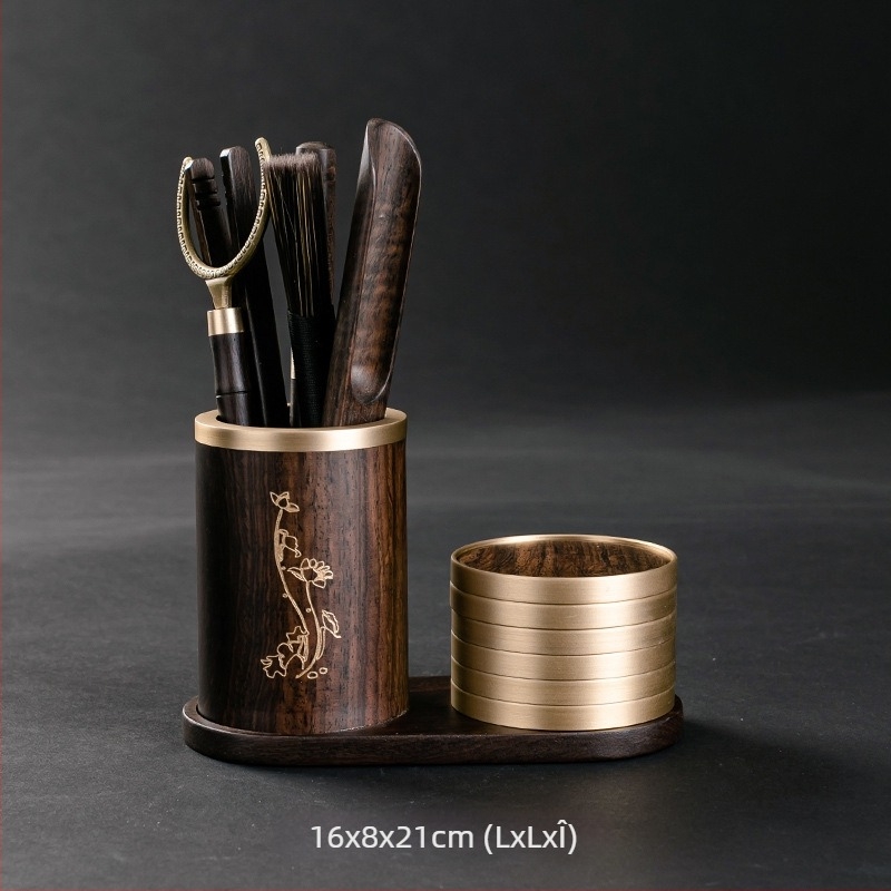 Set pentru ceremonia ceaiului Six Gentlemen din lemn de abanos, accesorii din cupru și oțel inoxidabil, clip pentru ceai din oțel inoxidabil, suport pentru stilou și bază pentru cești