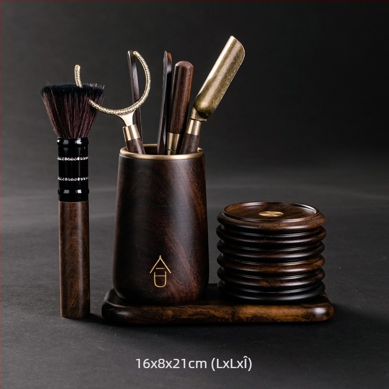 Set pentru ceremonia ceaiului Six Gentlemen din lemn de abanos, accesorii din cupru și oțel inoxidabil, clip pentru ceai din oțel inoxidabil, suport pentru stilou și bază pentru cești