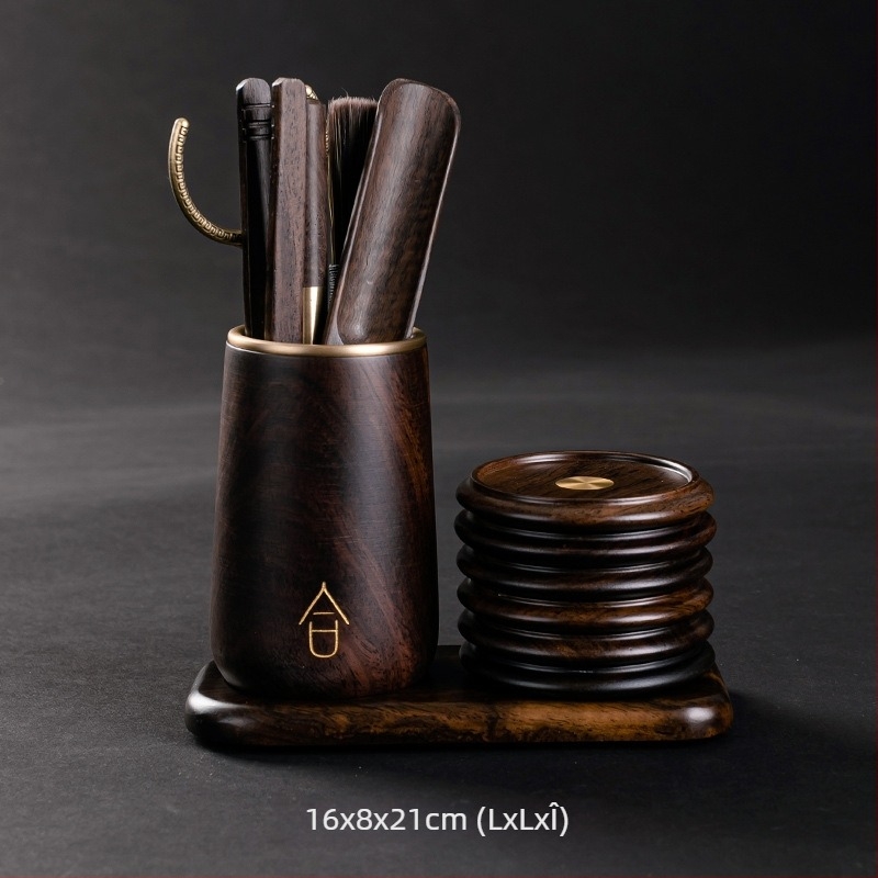 Set pentru ceremonia ceaiului Six Gentlemen din lemn de abanos, accesorii din cupru și oțel inoxidabil, clip pentru ceai din oțel inoxidabil, suport pentru stilou și bază pentru cești