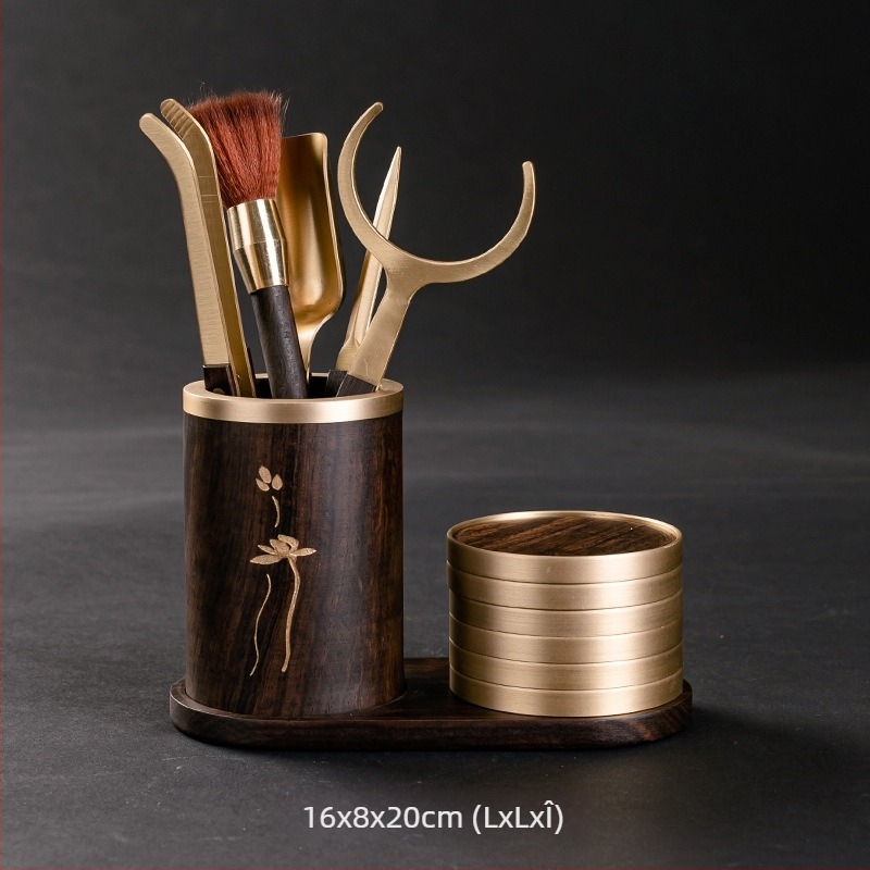 Set pentru ceremonia ceaiului Six Gentlemen din lemn de abanos, accesorii din cupru și oțel inoxidabil, clip pentru ceai din oțel inoxidabil, suport pentru stilou și bază pentru cești