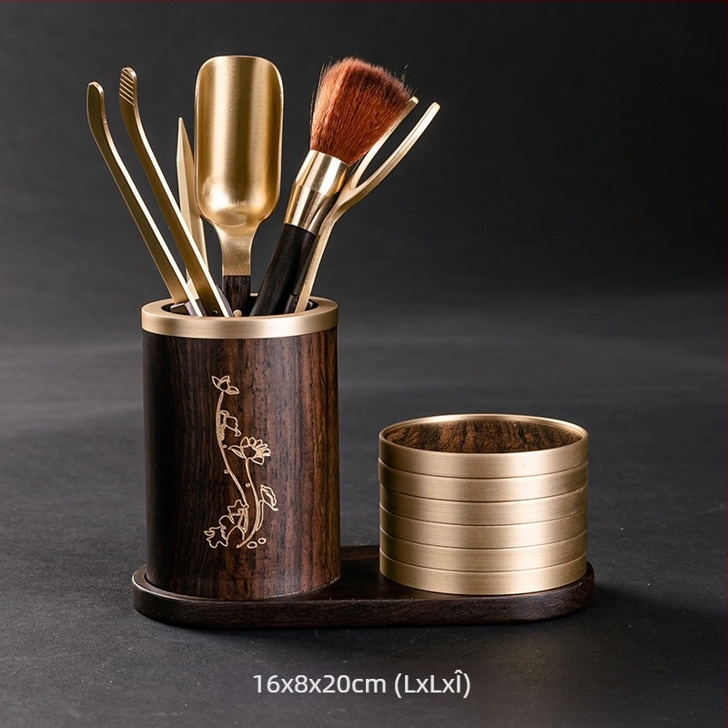 Set pentru ceremonia ceaiului Six Gentlemen din lemn de abanos, accesorii din cupru și oțel inoxidabil, clip pentru ceai din oțel inoxidabil, suport pentru stilou și bază pentru cești