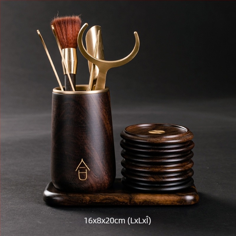 Set pentru ceremonia ceaiului Six Gentlemen din lemn de abanos, accesorii din cupru și oțel inoxidabil, clip pentru ceai din oțel inoxidabil, suport pentru stilou și bază pentru cești