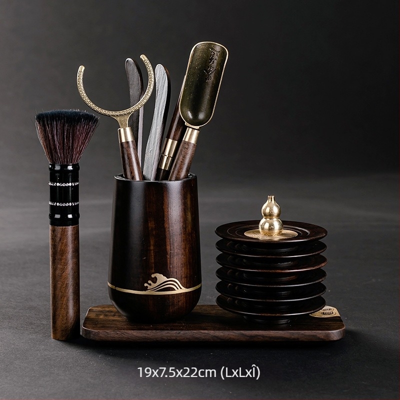 Set pentru ceremonia ceaiului Six Gentlemen din lemn de abanos, accesorii din cupru și oțel inoxidabil, clip pentru ceai din oțel inoxidabil, suport pentru stilou și bază pentru cești