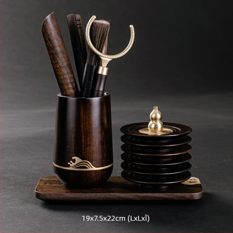 Set pentru ceremonia ceaiului Six Gentlemen din lemn de abanos, accesorii din cupru și oțel inoxidabil, clip pentru ceai din oțel inoxidabil, suport pentru stilou și bază pentru cești