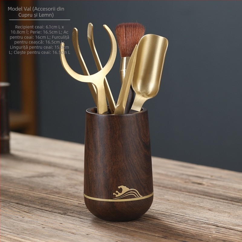 Set pentru ceremonia ceaiului Six Gentlemen din lemn de abanos, accesorii din cupru și oțel inoxidabil, clip pentru ceai din oțel inoxidabil, suport pentru stilou și bază pentru cești