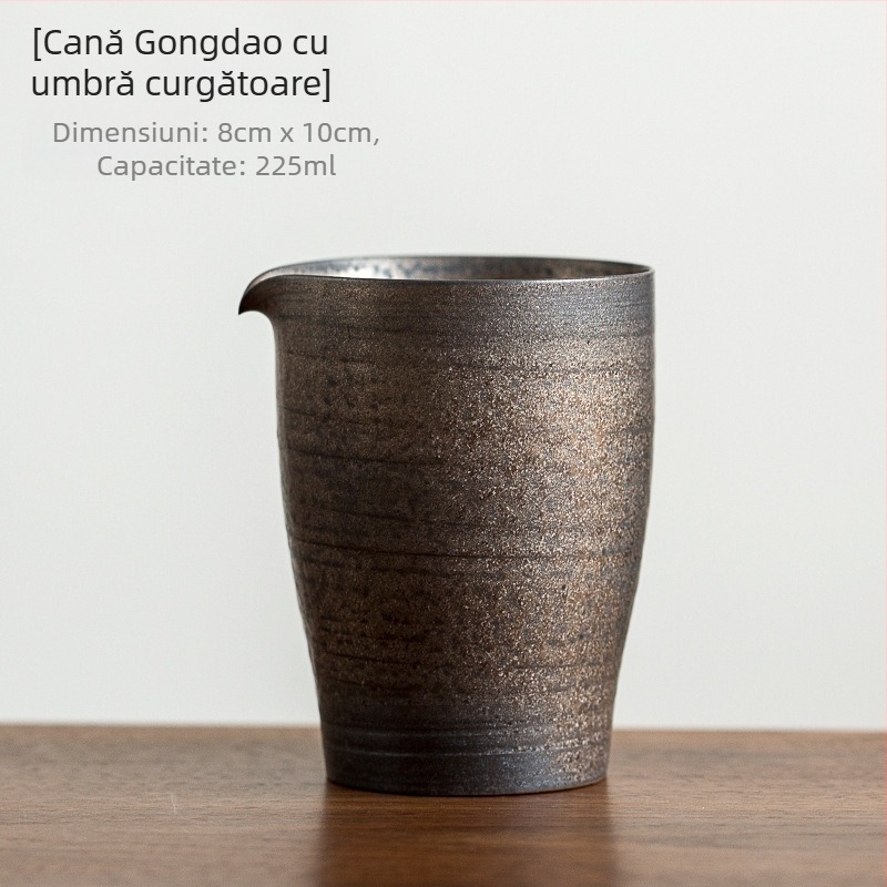 Vas cu capac glazurat auriu, lucrat manual, ceramică subțire, glazură metalică; ceașcă de ceai și borcan pentru frunze de ceai