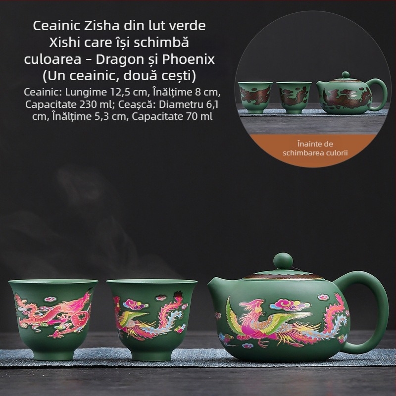 Ceainic Fengming din lut purpuriu, cu schimbare de culoare, motiv Dragon și Phoenix, ceramică, stil retro