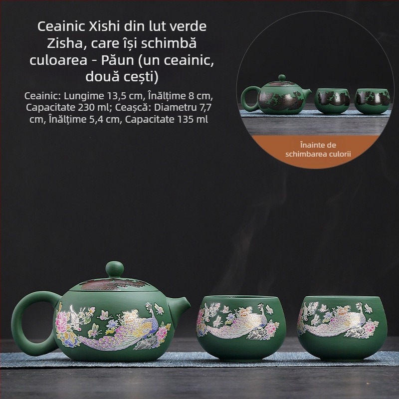 Ceainic Fengming din lut purpuriu, cu schimbare de culoare, motiv Dragon și Phoenix, ceramică, stil retro