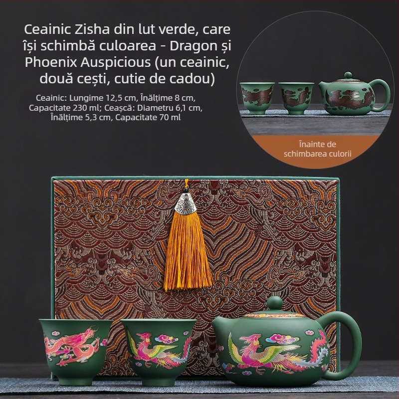 Ceainic Fengming din lut purpuriu, cu schimbare de culoare, motiv Dragon și Phoenix, ceramică, stil retro