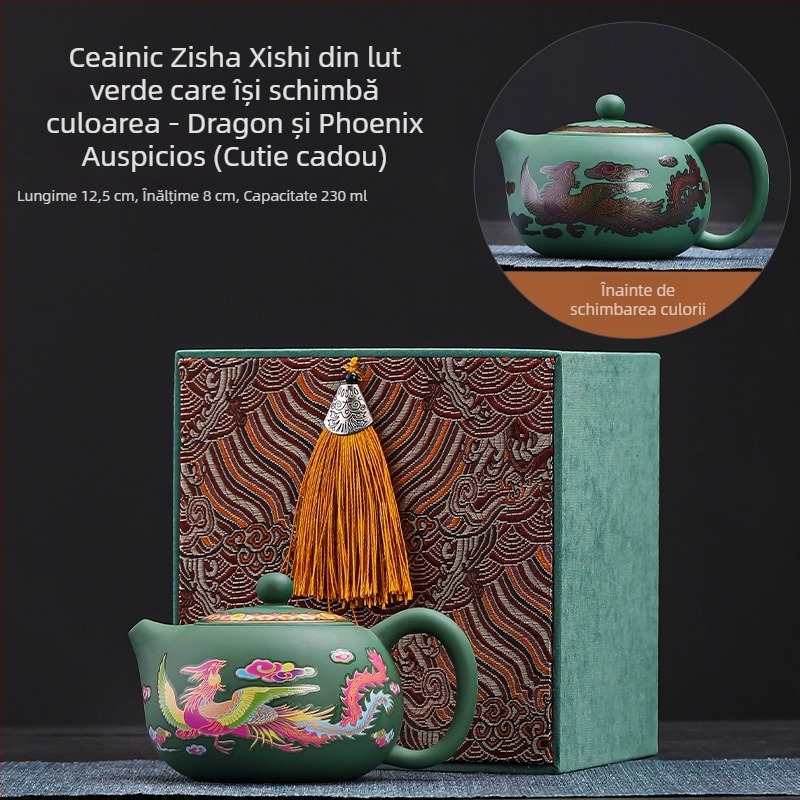 Ceainic Fengming din lut purpuriu, cu schimbare de culoare, motiv Dragon și Phoenix, ceramică, stil retro