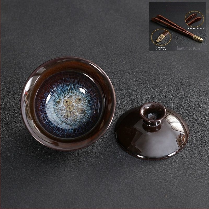 Set ceramic de ceai cu capac, glazură Tianmu, ars în cuptor, bol de ceai și ceașcă în nuanțe nisipoase aurii, set Kung Fu cu capac