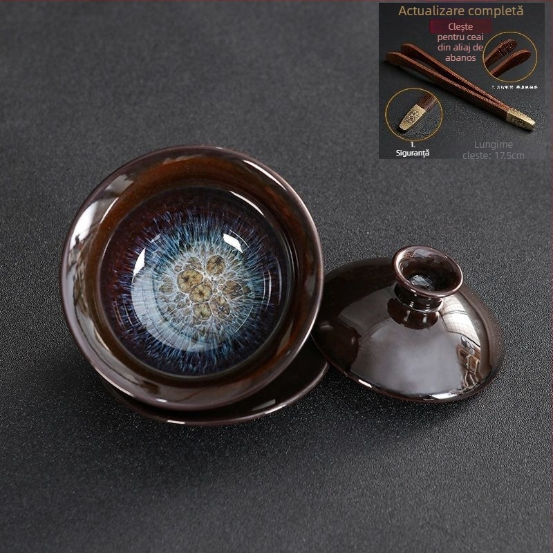 Set ceramic de ceai cu capac, glazură Tianmu, ars în cuptor, bol de ceai și ceașcă în nuanțe nisipoase aurii, set Kung Fu cu capac
