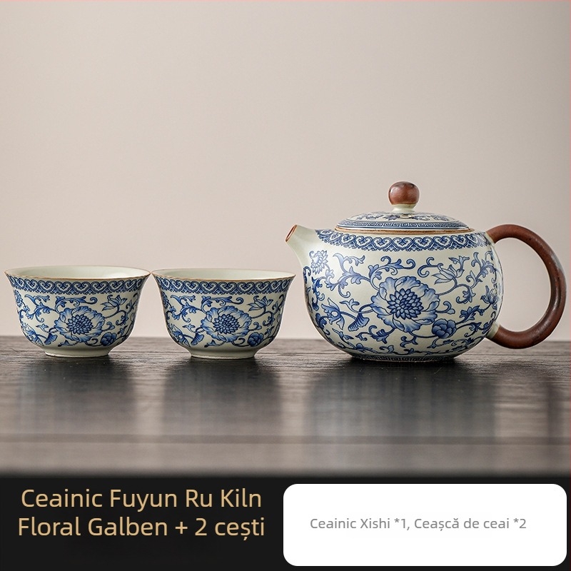 Ceainic Ru Kiln cu lotus albastru-alb, filtru ceramic cu găuri pentru bilă, set Kung Fu de ceai pentru uz casnic, ceainică și ceașcă pentru o persoană
