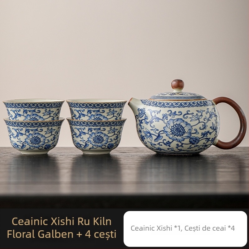 Ceainic Ru Kiln cu lotus albastru-alb, filtru ceramic cu găuri pentru bilă, set Kung Fu de ceai pentru uz casnic, ceainică și ceașcă pentru o persoană