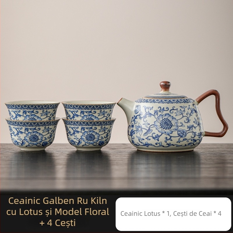 Ceainic Ru Kiln cu lotus albastru-alb, filtru ceramic cu găuri pentru bilă, set Kung Fu de ceai pentru uz casnic, ceainică și ceașcă pentru o persoană