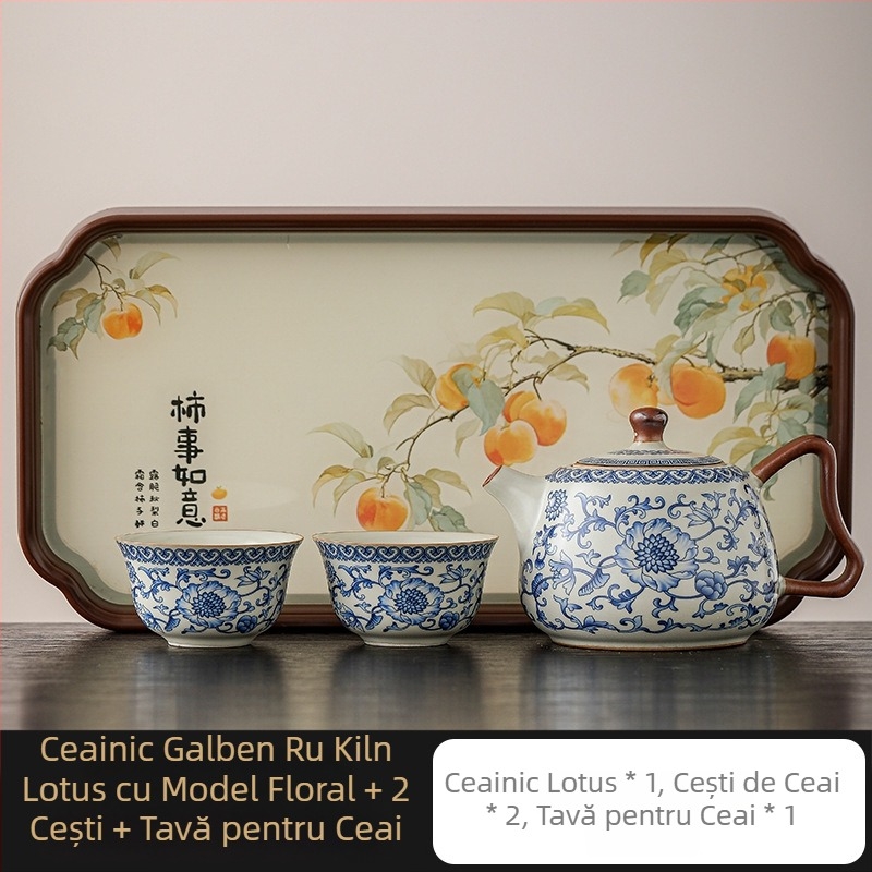Ceainic Ru Kiln cu lotus albastru-alb, filtru ceramic cu găuri pentru bilă, set Kung Fu de ceai pentru uz casnic, ceainică și ceașcă pentru o persoană