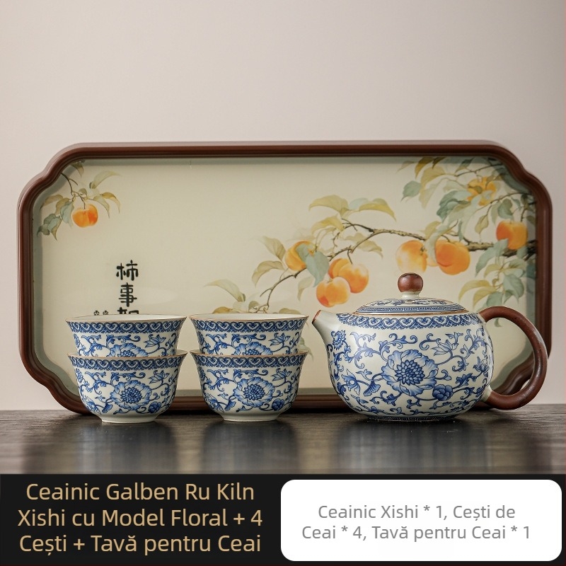 Ceainic Ru Kiln cu lotus albastru-alb, filtru ceramic cu găuri pentru bilă, set Kung Fu de ceai pentru uz casnic, ceainică și ceașcă pentru o persoană