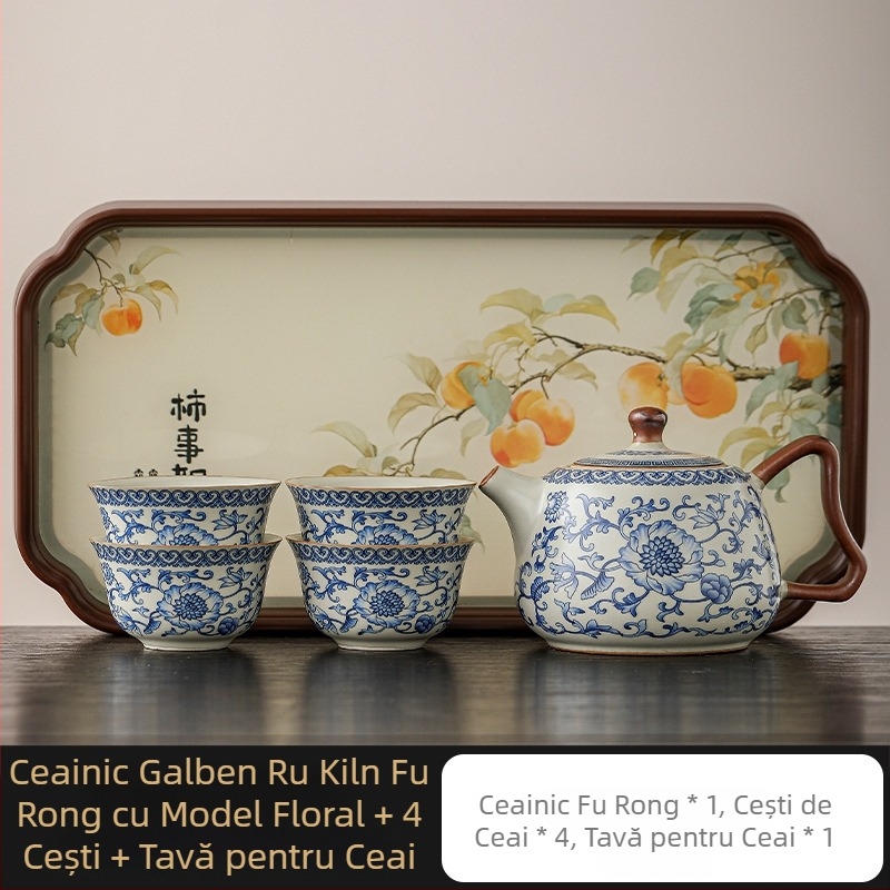 Ceainic Ru Kiln cu lotus albastru-alb, filtru ceramic cu găuri pentru bilă, set Kung Fu de ceai pentru uz casnic, ceainică și ceașcă pentru o persoană