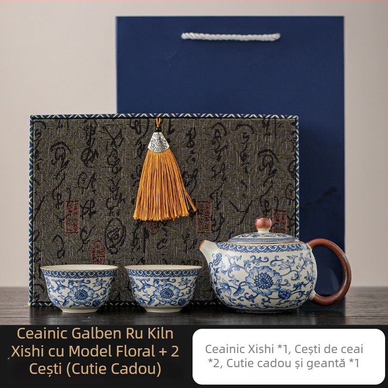 Ceainic Ru Kiln cu lotus albastru-alb, filtru ceramic cu găuri pentru bilă, set Kung Fu de ceai pentru uz casnic, ceainică și ceașcă pentru o persoană