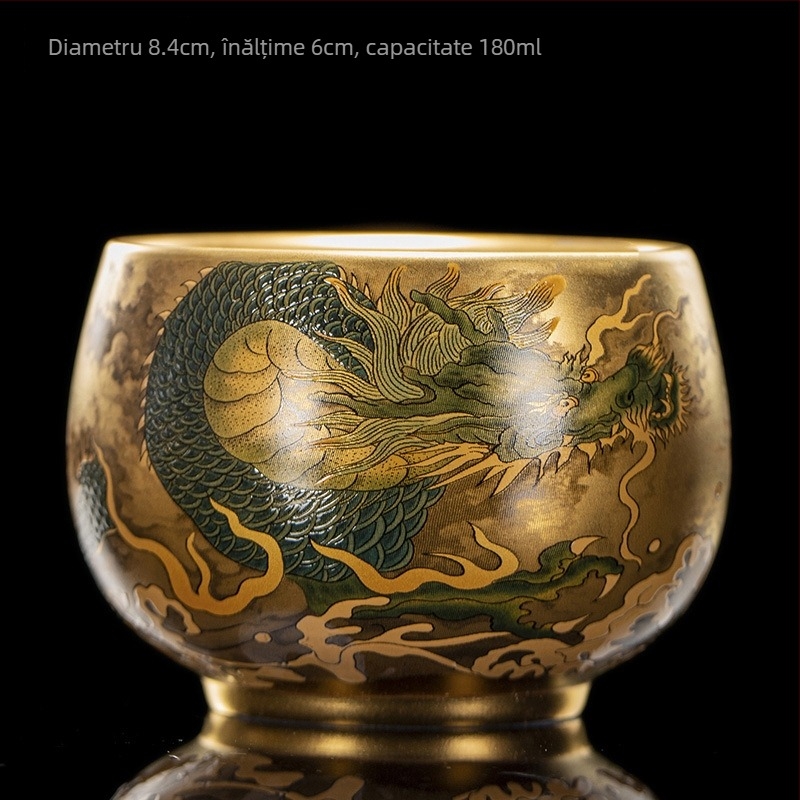 Huang Jianpeng – cană de ceai placată cu aur, motiv Dragonfish Master, porțelan de înaltă calitate, set Kung Fu pentru ceai