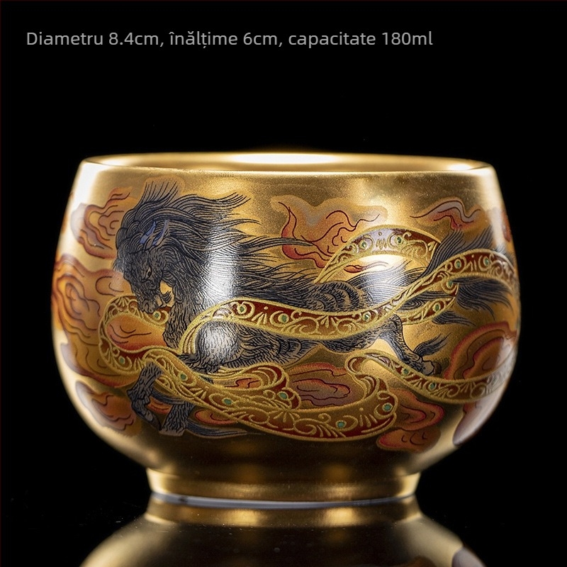 Huang Jianpeng – cană de ceai placată cu aur, motiv Dragonfish Master, porțelan de înaltă calitate, set Kung Fu pentru ceai
