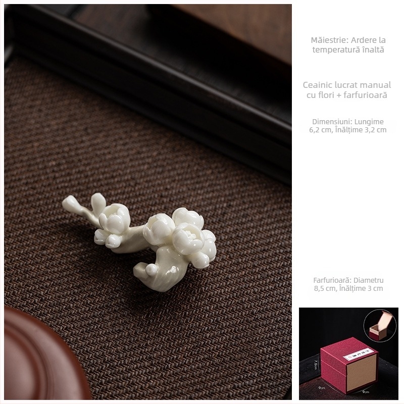 Suport ceramic pentru ceai și pernă de ceai, cu motiv floare de prune, decor pentru ceremonia Gongfu