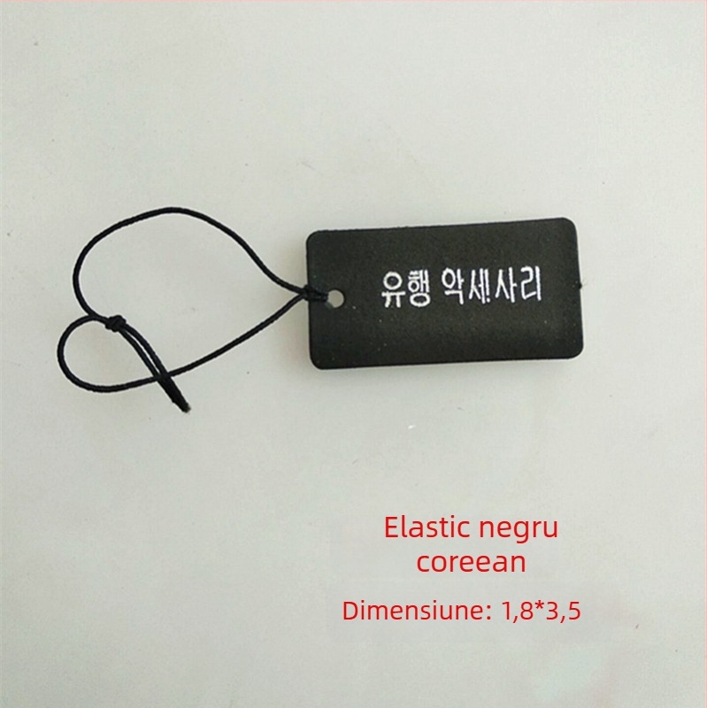 Etichetă de preț goală pentru bijuterii cu șnur elastic, etichetă mică de agățat pentru accesorii de păr negre, etichetă de preț scrisă de mână în limba coreeană.