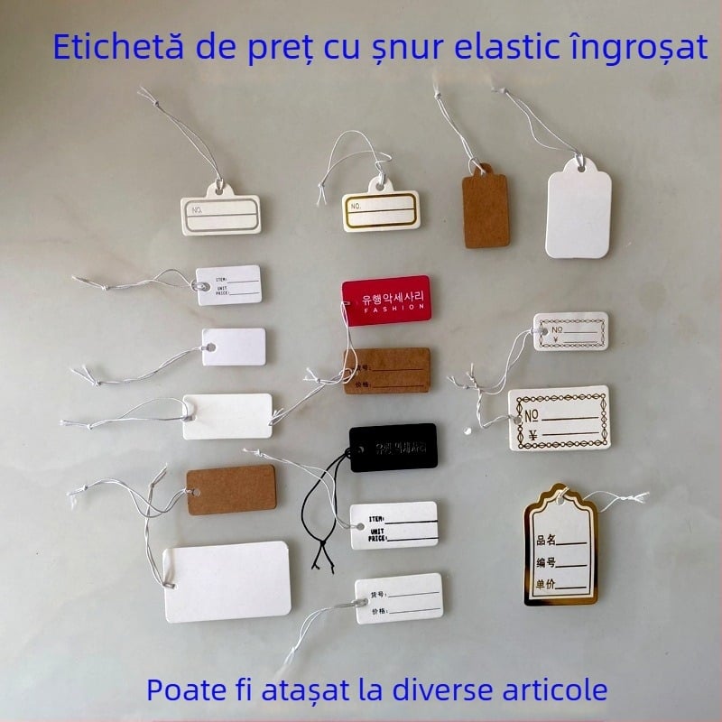 Etichetă de preț goală pentru bijuterii cu șnur elastic, etichetă mică de agățat pentru accesorii de păr negre, etichetă de preț scrisă de mână în limba coreeană.