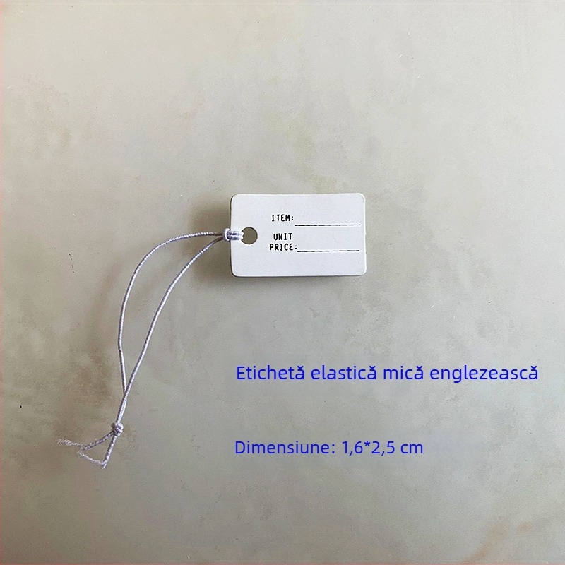 Etichetă de preț goală pentru bijuterii cu șnur elastic, etichetă mică de agățat pentru accesorii de păr negre, etichetă de preț scrisă de mână în limba coreeană.