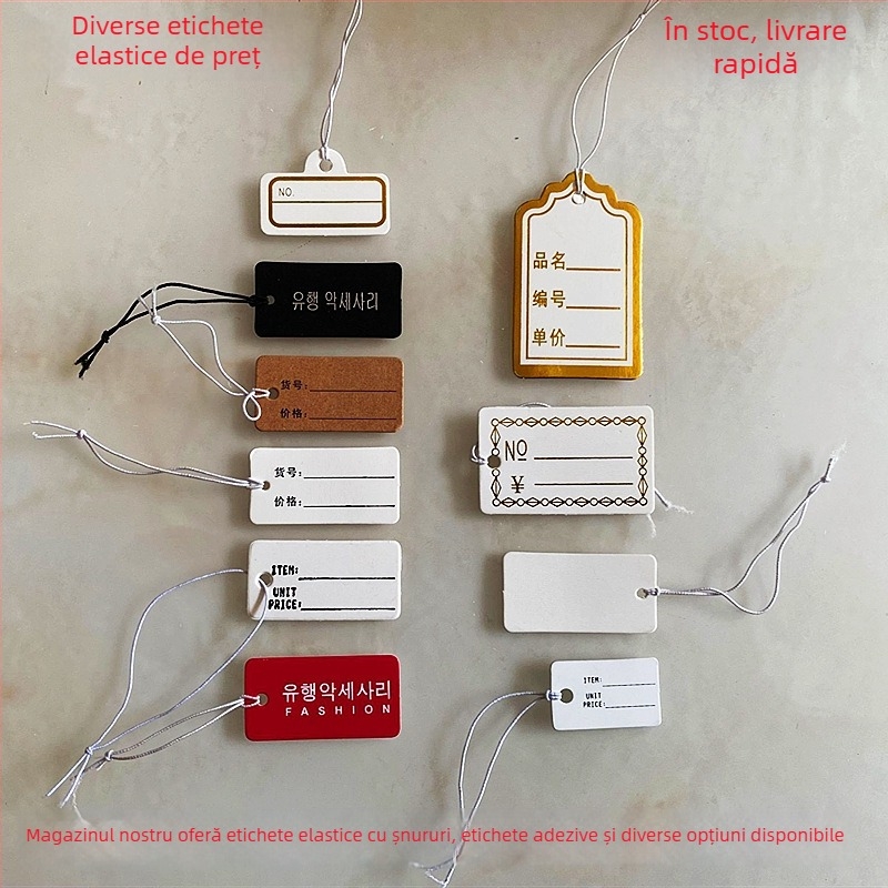Etichetă de preț goală pentru bijuterii cu șnur elastic, etichetă mică de agățat pentru accesorii de păr negre, etichetă de preț scrisă de mână în limba coreeană.