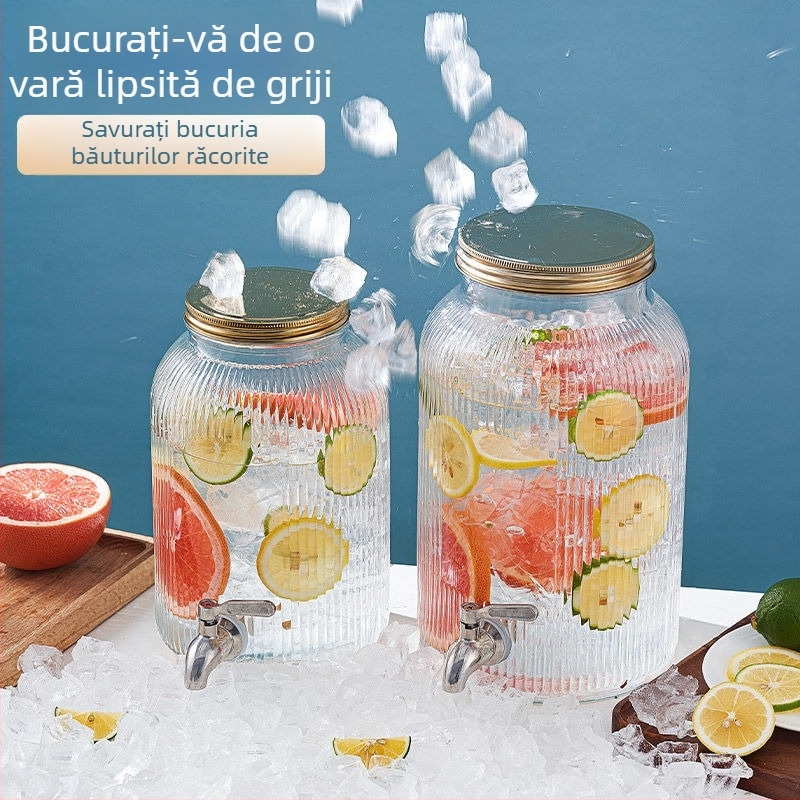 Dispenser din sticlă pentru băuturi, cu robinet, în formă de găleată, pentru bere, sucuri și ceai de fructe