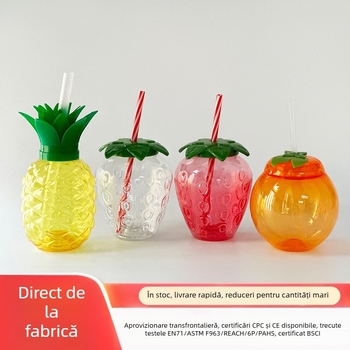 Pahar PET de unică folosință cu capac și pai, design cu căpșuni pentru băuturi