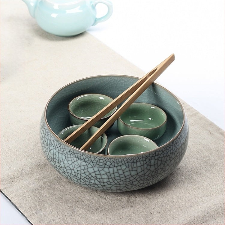 Set de ceai din ceramică Celadon: ceașcă, spălător pentru pensule, scrumieră cu glazură crăpată, bol pentru reziduuri de ceai pentru hidroponie