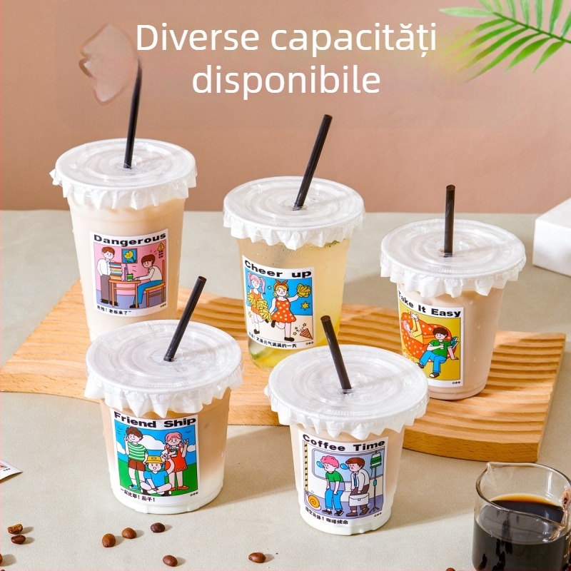 Pahar transparent de unică folosință, cu capac, pentru ceai cu lapte și băuturi reci, din PET