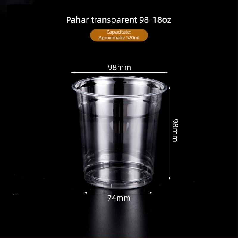 Pahar transparent de unică folosință, cu capac, pentru ceai cu lapte și băuturi reci, din PET