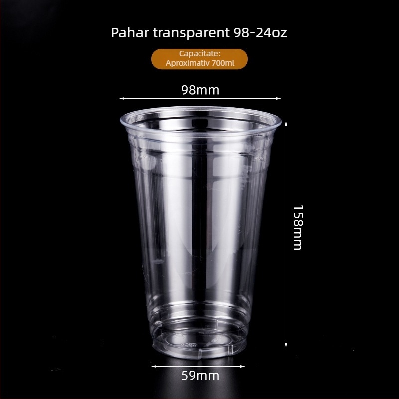 Pahar transparent de unică folosință, cu capac, pentru ceai cu lapte și băuturi reci, din PET