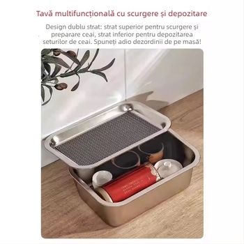 Tavă dreptunghiulară mică pentru ceai, cu suport simplu de drenaj, din oțel inoxidabil, pentru infuzarea ceaiului uscat.