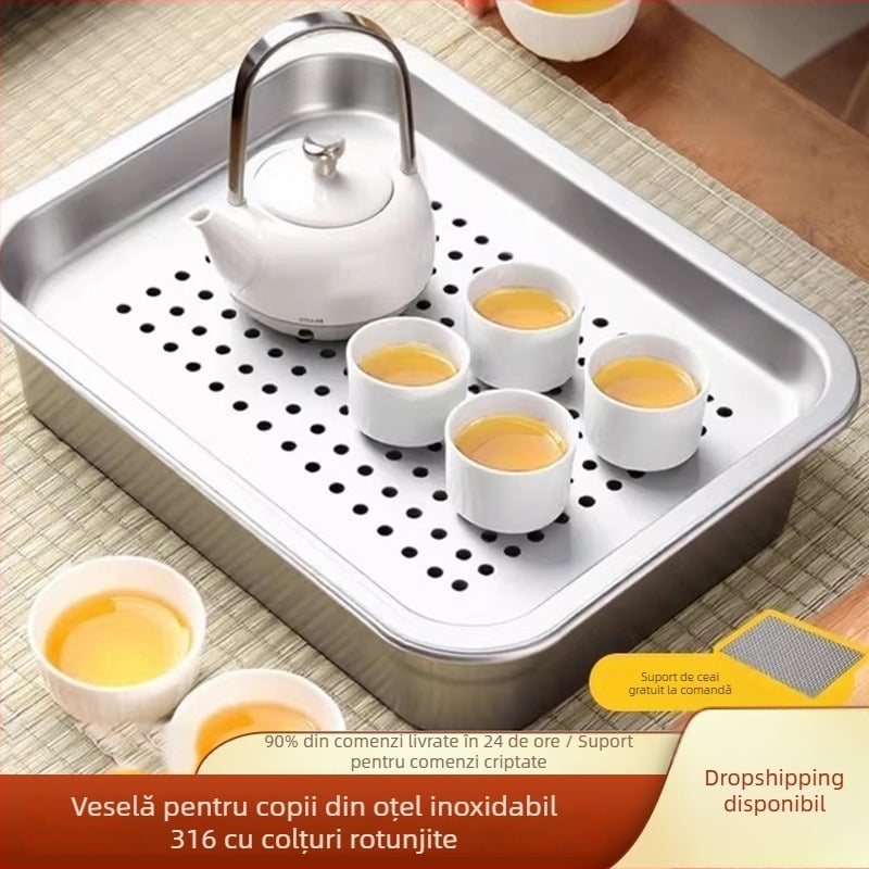 Tavă dreptunghiulară mică pentru ceai, cu suport simplu de drenaj, din oțel inoxidabil, pentru infuzarea ceaiului uscat.
