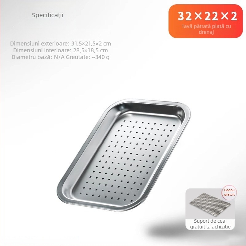 Tavă dreptunghiulară mică pentru ceai, cu suport simplu de drenaj, din oțel inoxidabil, pentru infuzarea ceaiului uscat.