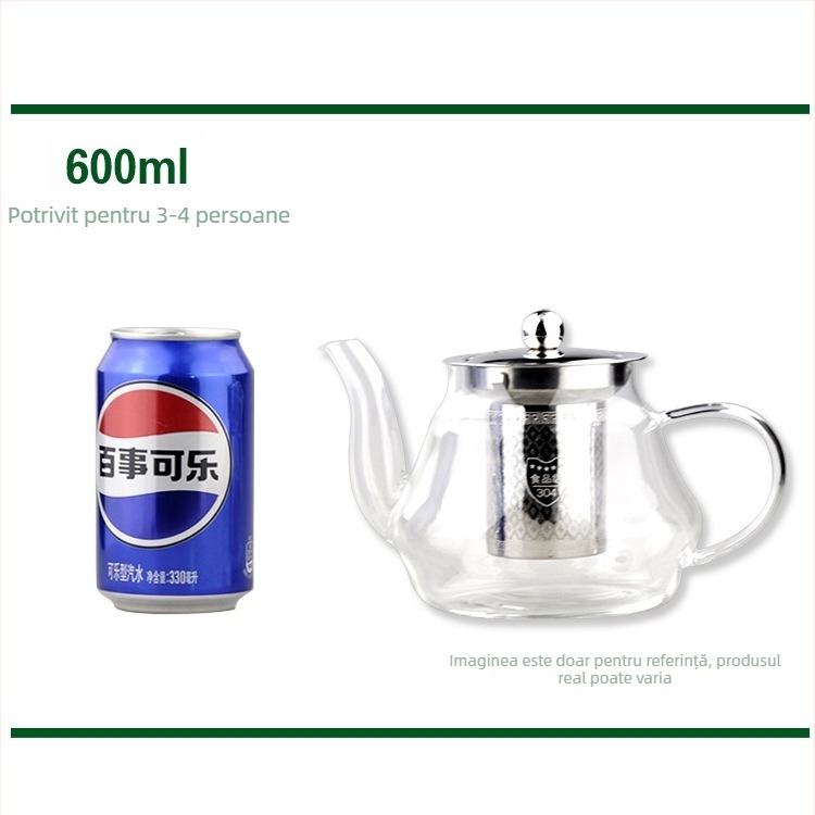 Ceainic din sticlă rezistent la temperaturi înalte, cu infuzor din oțel inoxidabil