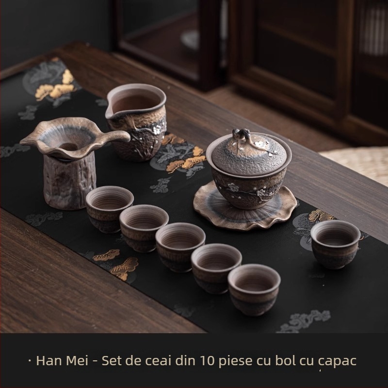 Set ceai Kung Fu ceramic, stil retro, pentru uz casnic, cu bol acoperit și ceainic cu mâner, pentru 6 persoane, potrivit pentru oaspeți și birou