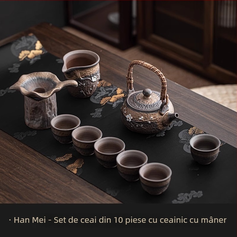 Set ceai Kung Fu ceramic, stil retro, pentru uz casnic, cu bol acoperit și ceainic cu mâner, pentru 6 persoane, potrivit pentru oaspeți și birou