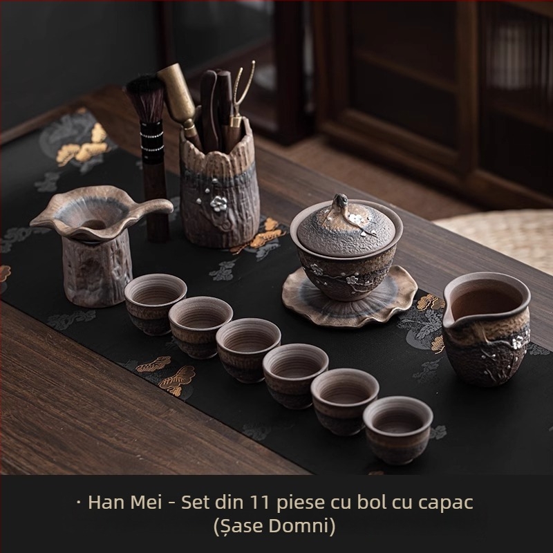 Set ceai Kung Fu ceramic, stil retro, pentru uz casnic, cu bol acoperit și ceainic cu mâner, pentru 6 persoane, potrivit pentru oaspeți și birou