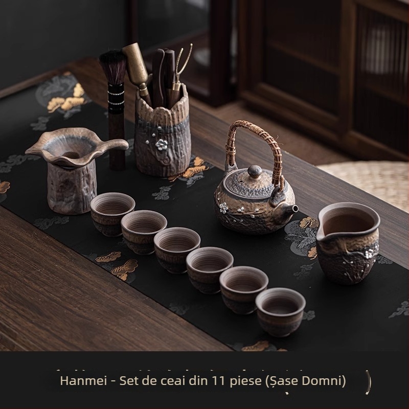 Set ceai Kung Fu ceramic, stil retro, pentru uz casnic, cu bol acoperit și ceainic cu mâner, pentru 6 persoane, potrivit pentru oaspeți și birou