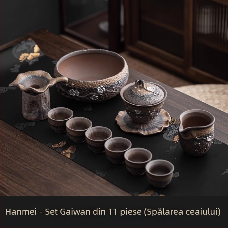 Set ceai Kung Fu ceramic, stil retro, pentru uz casnic, cu bol acoperit și ceainic cu mâner, pentru 6 persoane, potrivit pentru oaspeți și birou
