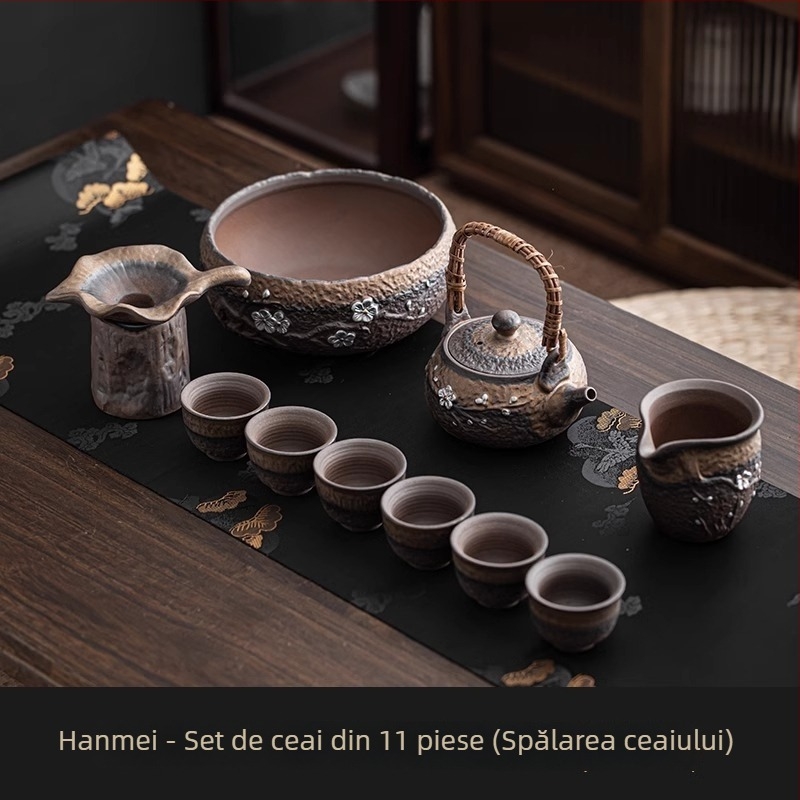 Set ceai Kung Fu ceramic, stil retro, pentru uz casnic, cu bol acoperit și ceainic cu mâner, pentru 6 persoane, potrivit pentru oaspeți și birou