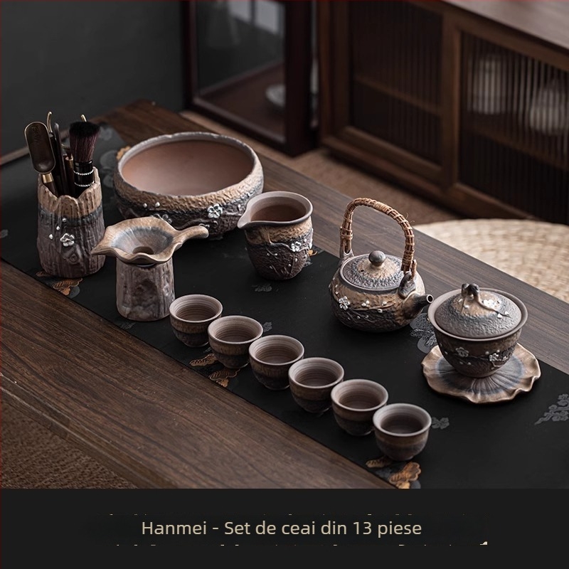 Set ceai Kung Fu ceramic, stil retro, pentru uz casnic, cu bol acoperit și ceainic cu mâner, pentru 6 persoane, potrivit pentru oaspeți și birou
