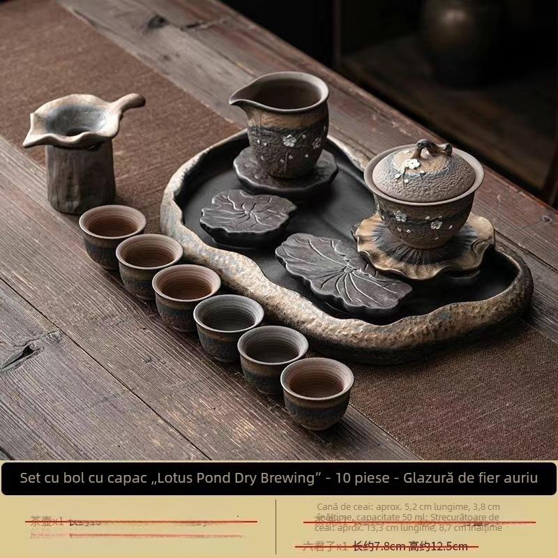 Set ceai Kung Fu ceramic, stil retro, pentru uz casnic, cu bol acoperit și ceainic cu mâner, pentru 6 persoane, potrivit pentru oaspeți și birou