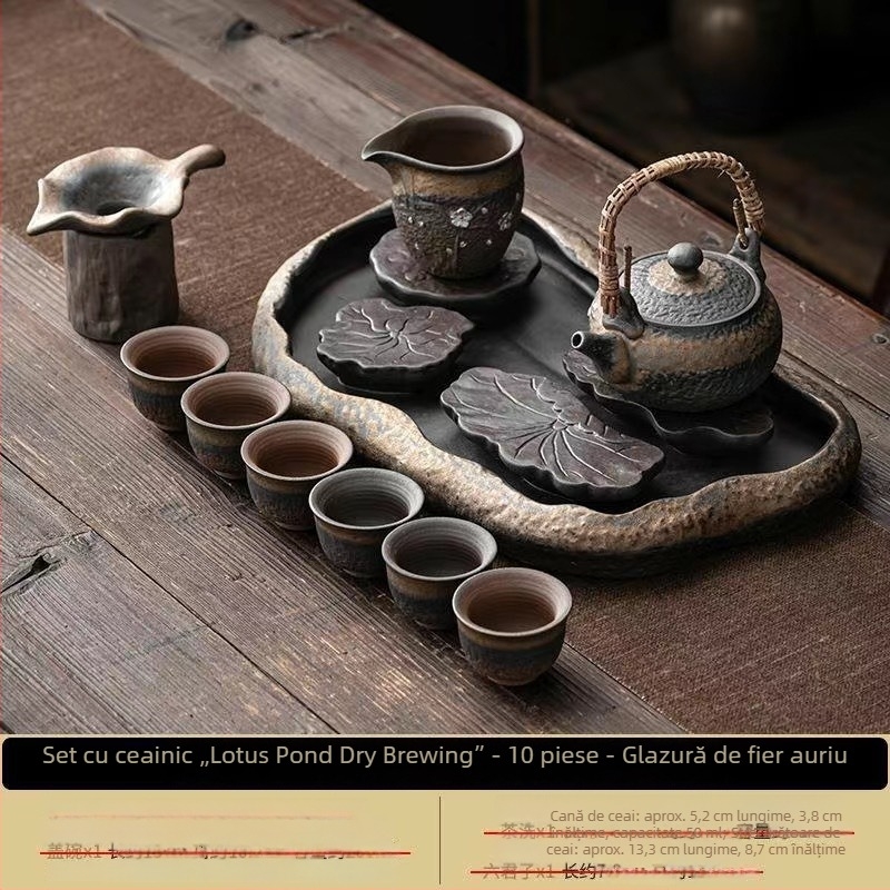 Set ceai Kung Fu ceramic, stil retro, pentru uz casnic, cu bol acoperit și ceainic cu mâner, pentru 6 persoane, potrivit pentru oaspeți și birou