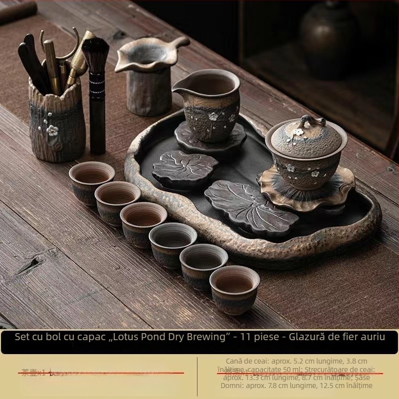 Set ceai Kung Fu ceramic, stil retro, pentru uz casnic, cu bol acoperit și ceainic cu mâner, pentru 6 persoane, potrivit pentru oaspeți și birou